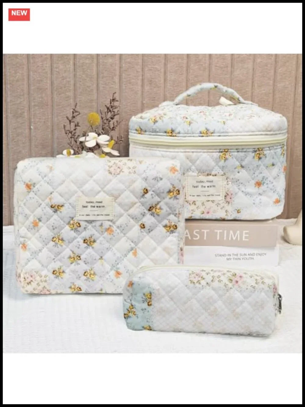 Cotton Quilted Makeup Bag Set Large Travel Cosmetic Bag Toiletry Organizer 3pcs